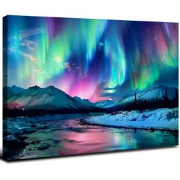 Aurora Borealis Wall Art Northern Lights Canvas Snowy Mountain Picture Nature Paysage pour le décor de chambre