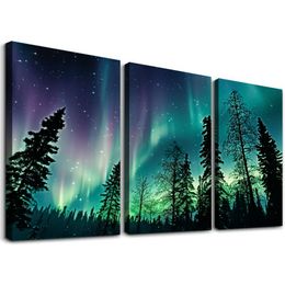 Aurora Canvas Wall Art Borealis Snow Mountain Picture Imprimer Northern Lights Lake Forest Painting For Bedroom Decor Frame 12'''X16'''X3 Panneaux