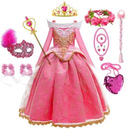 Aurora Cosplay Costume La Belle au Bois Dormant Fille Princesse Robe Enfant Anniversaire Thème Fête À Manches Longues Encolure Élégante Robe De Bal 240109