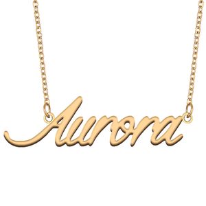 Aurora plaque signalétique en acier inoxydable nom personnalisé collier pendentif pour femmes petite amie cadeaux enfants meilleurs amis bijoux plaqué or 18 carats