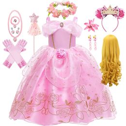 Aurora Pink Princess Dress Girl Sleeping Beauty Cosplay Costume Summer Floral Rose Print Sling Frocks 2-10 ans