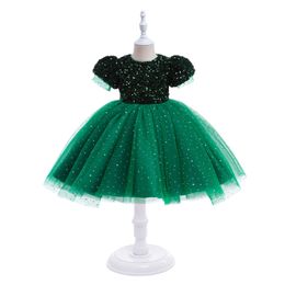 AURNUME Robe pour enfants Robes de fille de fleur 2022 Bow à paillettes à manches courtes à manches princesse Boue de bal anniversaire Piano Modèle Patwalk Show Kirt