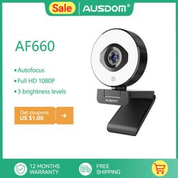 AUSDOM AF660 FHD 1080P 60FPS Webcam Autofocus 75 graden Stream Cam met verstelbaar rechts licht Gratis statief voor live streaming HKD230828
