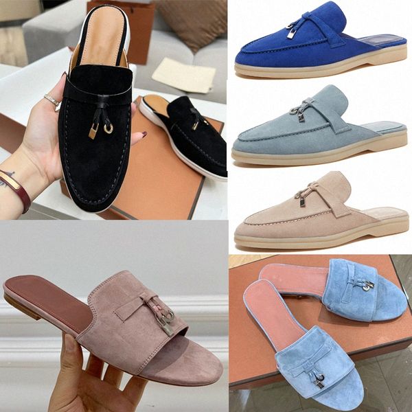 Summer Charms slides embellecido LORO PIANA zapatillas de gamuza Luxe sandalias zapatos de cuero genuino punta abierta pisos casuales para mujeres LuxurysuUkh #