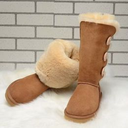 Bottes de neige classiques australiennes pour femmes, bottes longues à trois boutons, fond épais, mini plateforme, peau de mouton, cuir de vache véritable, bottines en peluche avec fourrure, taille 43