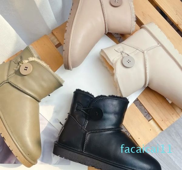 Australia Clásico Diseñador cálido botas ugglie mujeres Mini Medio botón de nieve Bota de cuero de vaca Invierno UGlis Piel completa Fluffy peludo sherpa Tobillo arco tazz botines zapatillas