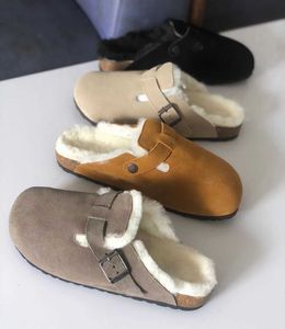 Australie Designer fourrure Boston Birkin éraflure pantoufles pour femmes sabots de laine liège pantoufle daim hiver diapositives chaud semelle extérieure chaussures avec boîte NO421
