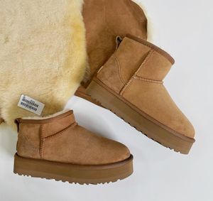 Mini botas de plataforma australianas de diseñador para mujer, tobillo inferior grueso, botas de nieve cálidas de piel, zapatillas australianas mullidas Fuzz Mule Tazz