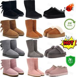 Australie Tasman Booties Designer Bouton Bow Lacets Demi-Cheville Pleine Fourrure Fluffy Bottes Daim Marron Noir Gris Rose Rouge Violet Menthe Bleu Hommes Écritures Neige Botte Chaude