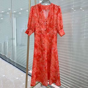 Australie en deux pièces Femmes Designer Vêtements Tempérament à col en V Pares de pastèle Red Wave Dot Print Imitation Silk Long Jupe