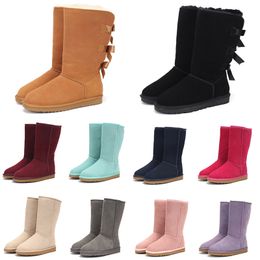 Australie Femmes sur les bottes au genou Bottes classiques au genou Bottes de neige d'hiver en fourrure australienne Bottes à plateforme rose châtaigne noire avec nœuds