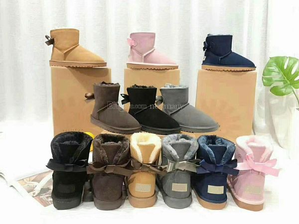 Botas de nieve clásicas australianas para mujer, botas cálidas medianas para invierno, piel completa, mullidas, peludas, satinadas, tobilleras, botas con lazo de castaño negro