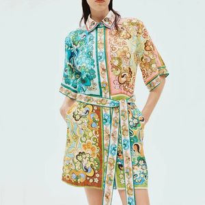 Australische ontwerper 2024 nieuwe vintage linnen print taille wrap heupshirtjurk kort
