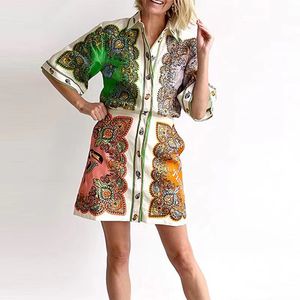 Australische designerkleding Couturier Vintage printstijl Losse stijl Linnen overhemdjurk Single-breasted casual jurk met halflange mouwen