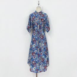 Robe de créateur australienne en lin bleu, manches courtes, imprimé floral, robe midi