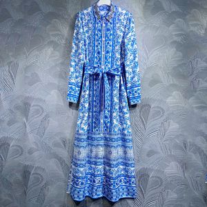 Robe de créateur australien diamant clouté revers simple boutonnage taille cravate bleu et blanc poterie fente jupe femmes vêtements de créateurs 8