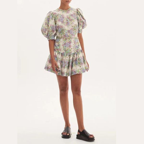 Robe de créateur australienne à imprimé floral, col rond, manches bouffantes, mini robe