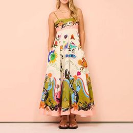 Australische designer jurk graffiti print stijl camisole vakantie jurk middellange jurk linnen jurk dames designer kleding lange jurk