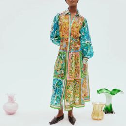 Robe de créateur australienne en lin imprimé floral, col à revers, robe chemise à manches longues