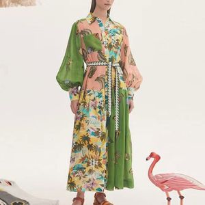 Robe de créateur australien nouvelles femmes vêtements de créateurs ramie noix de coco imprimé patchwork à manches longues à lacets taille robe de vacances pour les femmes