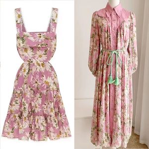 Robe de créateur australienne, robe en soie de style chemise à manches longues à imprimé chrysanthème froissé rose rétro et robe à cordon de serrage en lin