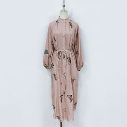 Vestido de diseñador australiano con cuello levantado, manga farol, bordado de sirena, vestido camisero de lino 00