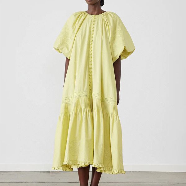 Robe de créateur australienne avec broderie en coton biologique, col rond, manches lanternes à manches courtes, taille nouée, robe vintage jaune