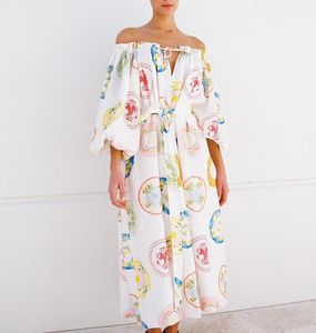 Australische ontwerper Jurk Wit linnen off-shoulder losse lange jurk met lange mouwen
