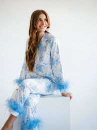 Designer australien fantaisie femmes Satin imprimé costume décontracté pyjamas vêtements de détente dame taille S-2XL