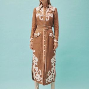 Robe deux pièces de styliste australien, ensemble en lin avec imprimé poitrine, chemise ample et jupe polyvalente, nouvelle collection 231025745