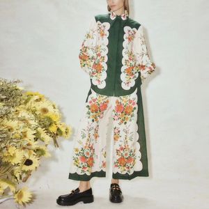 Australische designer damesbroekenset met linnen bloemenprint en lantaarnmouwen
