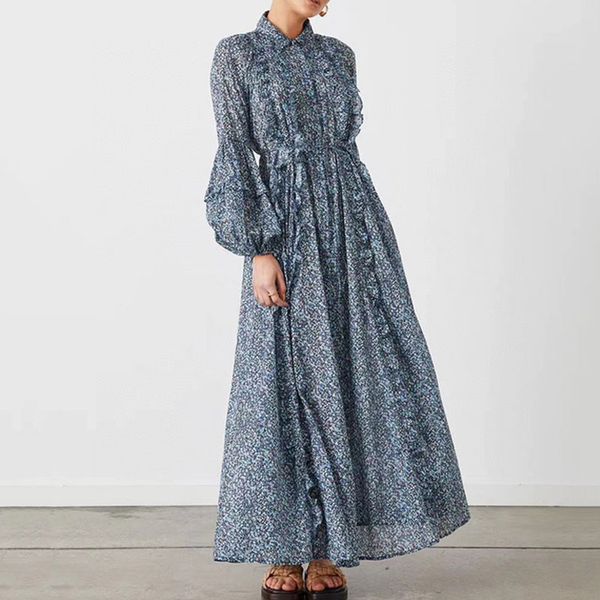 Robe australienne, tissu en coton, revers floral, chemise à bords ébouriffés, robe longue avec ceinture élastique, robe à manches longues