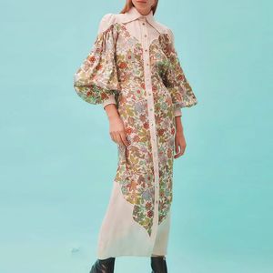 Australische kleding vroege herfst vintage bloemprint categorie lantaarn mouwen, slanke fit shirt jurk lange jurk