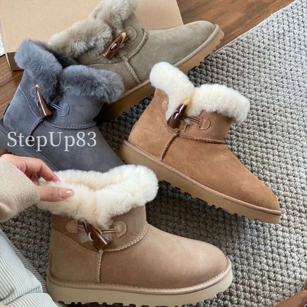 Australie Australie Bottes chaudes classiques pour femmes Mini plate-forme Corne Toggle haute Botte de neige Hiver Pleine fourrure Moelleuse Fourrure Bottines Chaussons Pantoufles