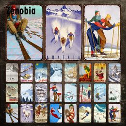 Oostenrijk Ski Tin Teken Klassieke Sport Vintage Plaque Decoratieve Metalen Plaat Ski Winter Landschap IJzer Schilderij voor Skipistes Thuis Custom Decoratie 30X20CM w01