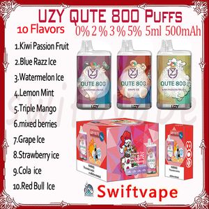 Authentique Uzy Qute 800 Puff Disposable E Cigarette 500mAh Batterie 10 FLAVORS 3ML 0% 2% 3% 5% RGB GLOW 0,8K Puffes Vapes Kit Starter Kit Authentic Wholesale Puff plus 800