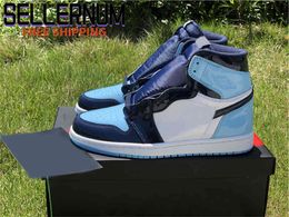 Auténticos zapatos al aire libre de patente 1 High OG WMNS UNC para mujer, zapatillas deportivas de cuero blanco frío azul obsidiana con originales 36-47