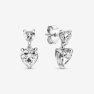 Authentique 100% 925 Sterling Silver Double Heart Sparkling Stud Boucles D'oreilles De Mode Bijoux De Mariage Accessoires Pour Femmes Cadeau