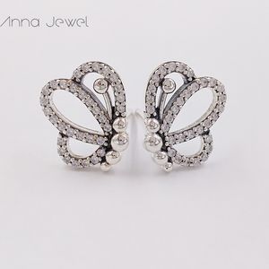 Auténticos aretes Pandora con forma de mariposa de plata de ley 100% 925 con circonita transparente que se adapta a 297912CZ europeos