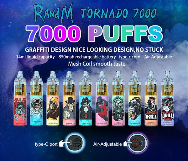 Authentique 7000 bouffées Randm Tornado 7k cigarette électronique jetable 14 ml préremplie Cystal vape desechable 1000mah batterie rechargeable débit d'air réglable 9000 9k 12000