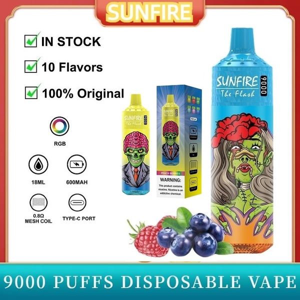 Authentique 9000 8000 Puffs Vape Electronic Cigarette Vape 9000 Puffes E-cigarette Rechargeable Bobine de maillage 18 ml 10 Flavors Dispositif Vapor Pen Sour Apple Flavour