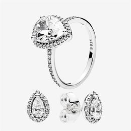 Authentique 925 Argent Teardrop RING et EARRING sets Boîte d'origine pour Pandora CZ diamant Femmes Bijoux de mariage larme Anneau stud 304g
