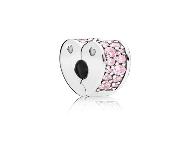 Authentique 925 Sauver Silver perles charmes arcs clairs roses de Love Heart Clip Lock Stopper Perle Bracelet Bracelet de charme Fit DIY WINSOME J8429407