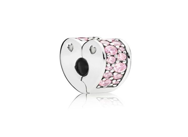 Authentique 925 Sterling Silver perles charmes arcs clairs roses de Love Heart Clip Lock Stopper Perle Bracelet Bracelet de charme Fit DIY WINSOME J2333373