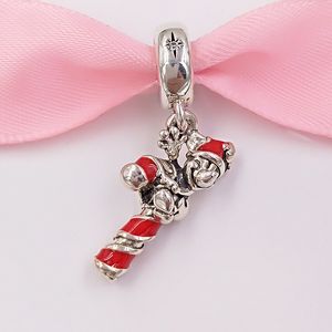 Andy Jewel 925 Cuentas de plata esterlina DSN Santa Miky'S Candy Cane Dangle Charm Red Enamel Charms Se adapta al estilo Pandora europeo Brace de joyería