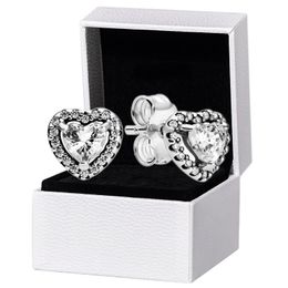 Authentique 925 Sterling Silver Elevated Heart Stud Boucles d'oreilles Boîte de vente au détail originale pour Pandora Rose or Femmes Filles Amour Ensemble de boucles d'oreilles