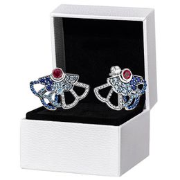 Authentique boucle d'oreille en forme d'éventail en argent sterling 925 Boîte d'origine pour Pandora Blue Pink CZ diamant Womens Party Jewelry Boucles d'oreilles