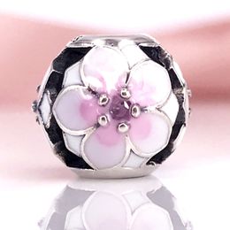 Authentiek 925 sterling zilver Magnolia Bloom, bleke cerise emaille roze CZ CHARM Fit DIY merk armband en ketting 792087PCZ