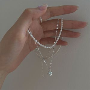Auténtica Plata de Ley 925, collares con colgante de corazón de múltiples capas, collar de cadena de perlas naturales de agua dulce para mujer