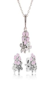 Authentique 925 Collier à fleurs en émail rose sterling Silver Rose Ensemble d'oreille avec boîte pour bijoux Boucles d'oreilles pour femmes 2364498